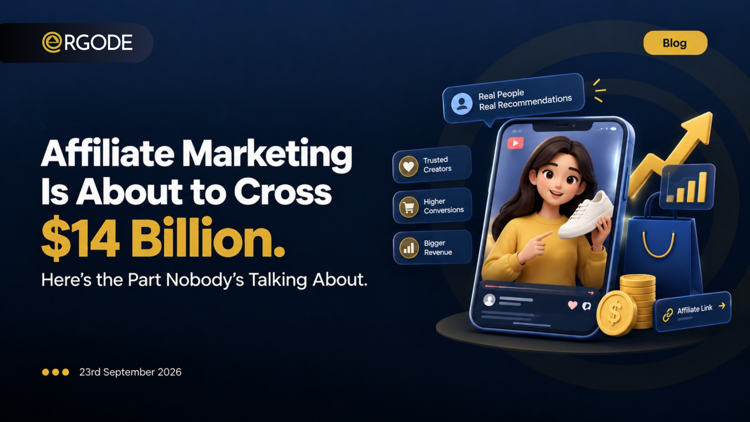 Blog banner for "Affiliate Marketing Is About to Cross $14 Billion," showing growth stats on US affiliate spend and creator-driven ecommerce revenue, with the Ergode logo