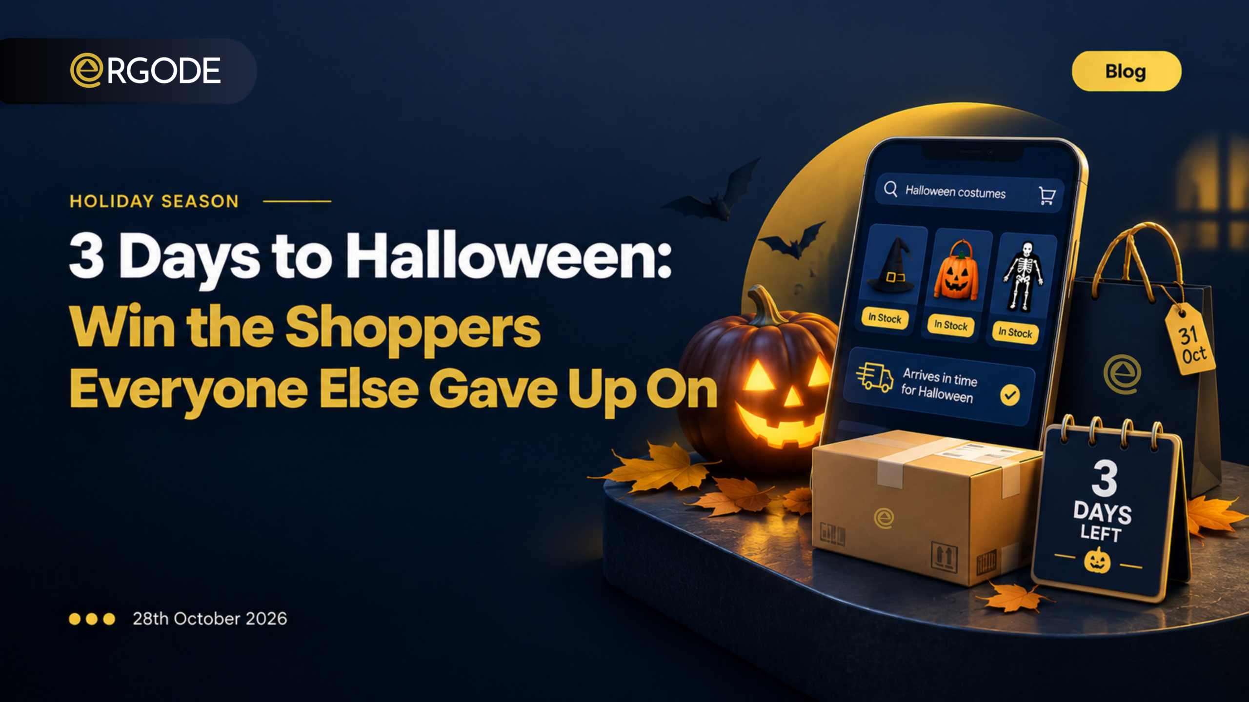 Retail shop window decorated for Halloween with pumpkins and a countdown to October 31